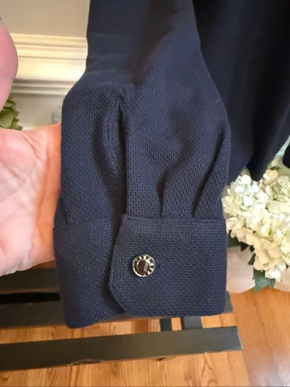 Boss Hugo Boss Navy Logo Embroidered Ling Sleeve Button Cuff Polo Shirt sz M NWO